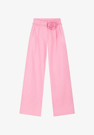 Pink wide-leg trousers with a fabric belt featuring a rose-shaped embellishment at the waist and vertical side pockets.