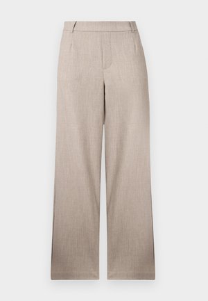 Pantaloni beige a gamba larga con finitura texturizzata, frontale piatto e taglio dritto. Presentano due tasche frontali e una cintura pulita.