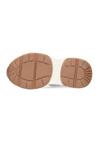 Semelle de chaussure avec une surface en caoutchouc crantée en marron et blanc, présentant des rainures et des motifs distincts pour la traction et l'adhérence.