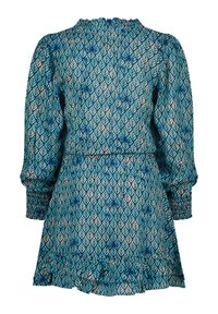 Bedrucktes Kleid in Blautönen mit einem Blattmuster. Es hat einen hohen Ausschnitt, Puffärmel, einen elastischen Taillenbund und einen rüschengesäumten Saum.