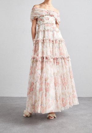 Floral-patterned, off-the-shoulder gown in lightweight, sheer fabric. Features tiered ruffles and pastel pink and green tones.