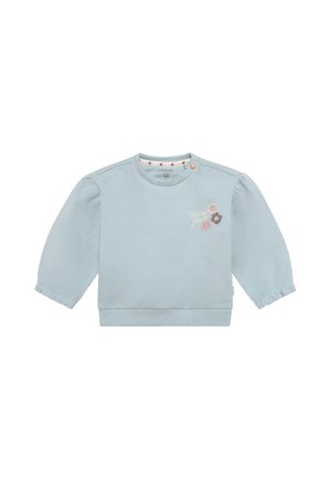 Lichtblauwe baby-sweatshirt met lange mouwen, bloemenborduursel en de tekst "Petite fleurs" op de voorkant, met een drukknoop bij de halslijn.