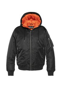 Czarna kurtka bomber z kapturem, z pomarańczową podszewką, zamkiem błyskawicznym z przodu i kieszeniami po bokach. Zawiera kieszeń na rękawie zapinaną na zamek.