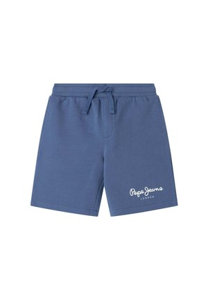 Pantalones cortos de algodón azul con cintura elástica y cordón ajustable. Presenta un logo blanco en la pierna izquierda. Textura suave, diseño informal.