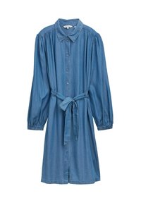 Denimmekko, jossa on kauluksellinen pääntie, pitkät puff-hihat, nappikiinnitys edessä ja vyötärölle sidottava vyö. Mekko on vaaleansinisessä värissä ja siinä on sileä rakenne.