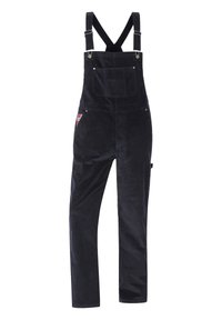 Marineblaue Cord-Overalls mit verstellbaren Trägern, einer Fronttasche und einem dekorativen seitlichen Patch. Glatte Textur und gerades Bein Design.