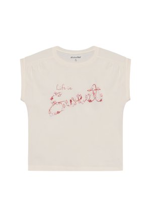 Cremefarbenes T-Shirt mit kurzen Ärmeln und gerafftem Schulterdetail; zeigt eine pinke Blumen-Grafik mit dem Schriftzug "Life is Sweet" in dekorativer Schrift.