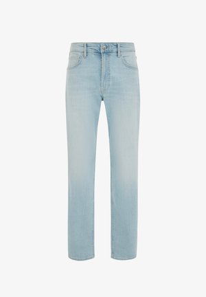 Vaqueros de mezclilla azul claro con corte recto, cintura de altura media, diseño de cinco bolsillos y cierre de botón. Presentan un sutil desgaste y sin adornos.