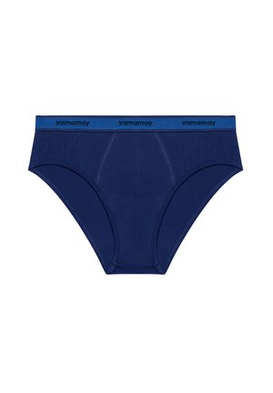 Marineblauwe katoenen slip met een zachte tailleband met zwarte "yamamay" branding, een gladde textuur en een klassiek ondergoedontwerp.