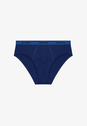Marineblauwe katoenen slip met een zachte tailleband met zwarte "yamamay" branding, een gladde textuur en een klassiek ondergoedontwerp.