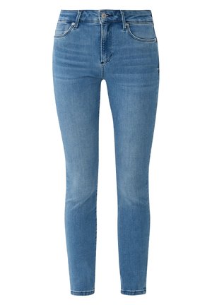 Niebieskie dżinsy skinny z wysokim stanem, pięcioma kieszeniami i przetartym wykończeniem. Oferują subtelne przeszycia i zapięcie na guzik.