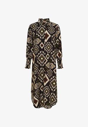 Langærmet skjortekjole med krave, brun, sort, grøn og cremefarvet geometrisk og blomster mønster, smockede manchetter, midi-længde.