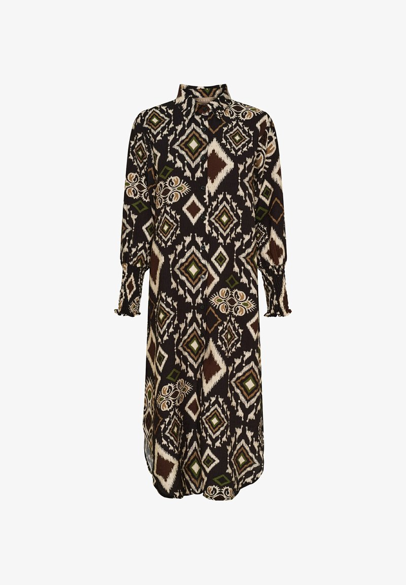 Langærmet skjortekjole med krave, brun, sort, grøn og cremefarvet geometrisk og blomster mønster, smockede manchetter, midi-længde.