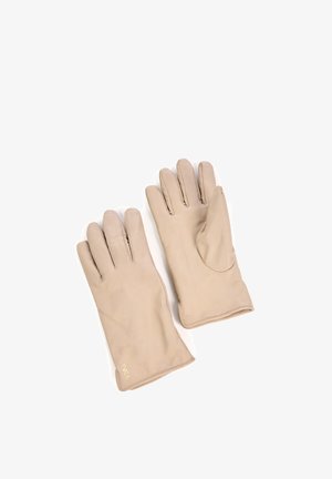 Beige læderhandsker med fem fingre, glat tekstur og subtile syningsdetaljer. Inkluderer et forstærket tommelfingerområde og logoaccent.