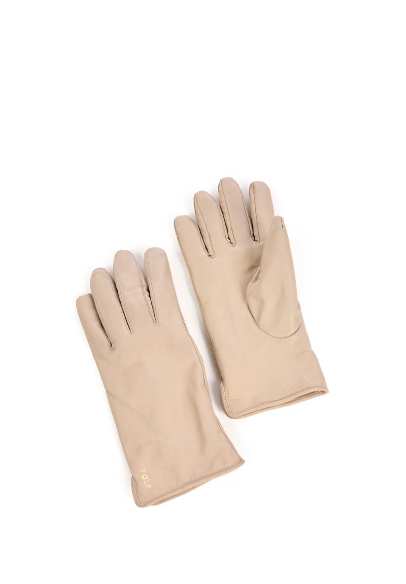 Beige læderhandsker med fem fingre, glat tekstur og subtile syningsdetaljer. Inkluderer et forstærket tommelfingerområde og logoaccent.