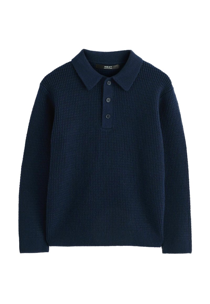 Marineblauer Pullover mit strukturiertem Strickdesign, mit einem Kragen- Ausschnitt und drei schwarzen Knöpfen. Lange Ärmel.