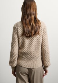 Maglione a maglia di un beige chiaro con motivo testurizzato; presenta polsini e fondo a costine. Indossato con pantaloni beige, visto da dietro.