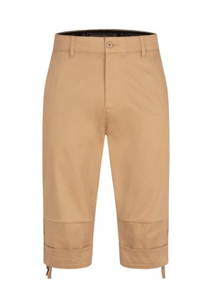 Pantalones cortos beige hasta la rodilla con una textura suave, cierre de botón y puños ajustables con cordones. Cuenta con bolsillos en la parte frontal.