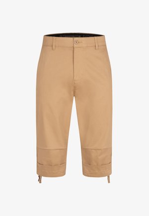 Pantalones cortos beige hasta la rodilla con una textura suave, cierre de botón y puños ajustables con cordones. Cuenta con bolsillos en la parte frontal.