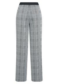Gray and black plaid trousers with a wide leg design, elastic waistband, and two side pockets. Smooth fabric texture and tailored fit.