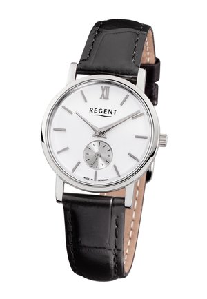 Montre ronde en argent avec cadran blanc, bracelet en cuir noir, chiffre romain XII, index des heures en argent et sous-cadran des petites secondes à 6 heures.