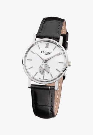 Montre ronde en argent avec cadran blanc, bracelet en cuir noir, chiffre romain XII, index des heures en argent et sous-cadran des petites secondes à 6 heures.