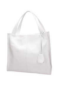 Borsa tote in pelle bianca con superficie testurizzata, forma piatta e doppi manici. Presenta un'etichetta decorativa e dettagli sottili sulle cuciture.