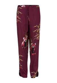 Bordeaux kleurige broek met een print van een rode panda en bamboe. Gemaakt van lichte stof met een ontspannen pasvorm en rechte broekspijpen.