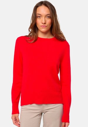 Roter Strickpullover mit Rundhalsausschnitt, langen Ärmeln und geripptem Saum. Der Stoff wirkt weich und glatt, in einer leuchtenden, einfarbigen Farbe.