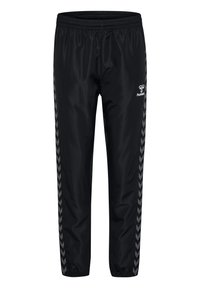 Zwarte sportbroek van lichtgewicht stof met een getextureerde afwerking, voorzien van grijze chevronpatroon accenten langs de zijkanten en een elastische tailleband.