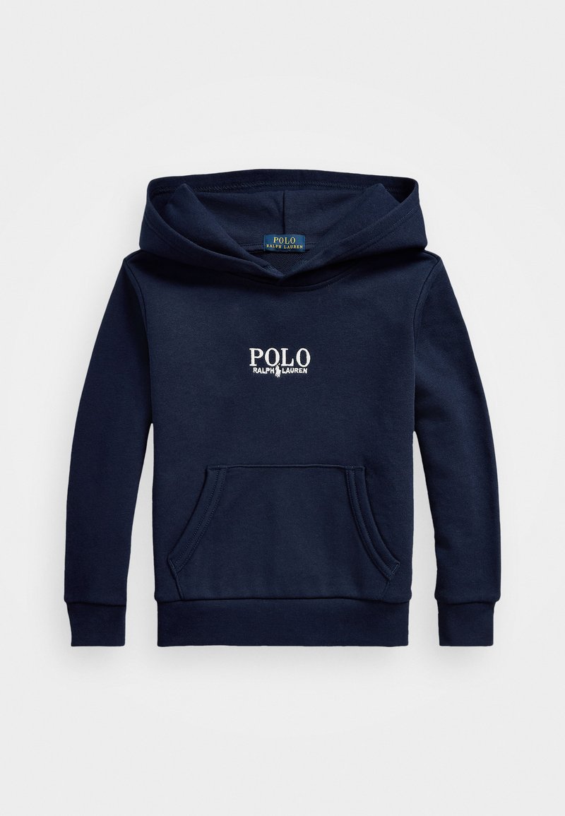 Tamno plavi dukserica napravljena od pamuka, s prednjim džepom, rebrastim rukavima i bijelim vezom "POLO RALPH LAUREN".