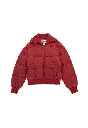 Rode pufferjack met een hoge kraag, rits aan de voorkant, ribgebreide manchetten en twee vo pockets. Kenmerkt zich door een gestikte textuur en logo-details.