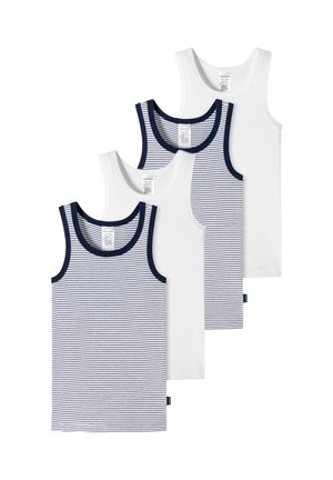 Vier Tanktops, die vertikal angeordnet sind: zwei weiße und zwei navygestreifte. Baumwollstoff, runde Ausschnitte und kontrastierender navyfarbener Saum entlang der Kanten.