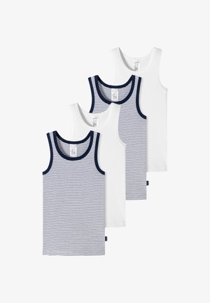 Cztery podkoszulki ułożone pionowo: dwie białe i dwie w niebieskie paski. Bawełnowy materiał, okrągłe dekolty i kontrastowe niebieskie wykończenia na brzegach.