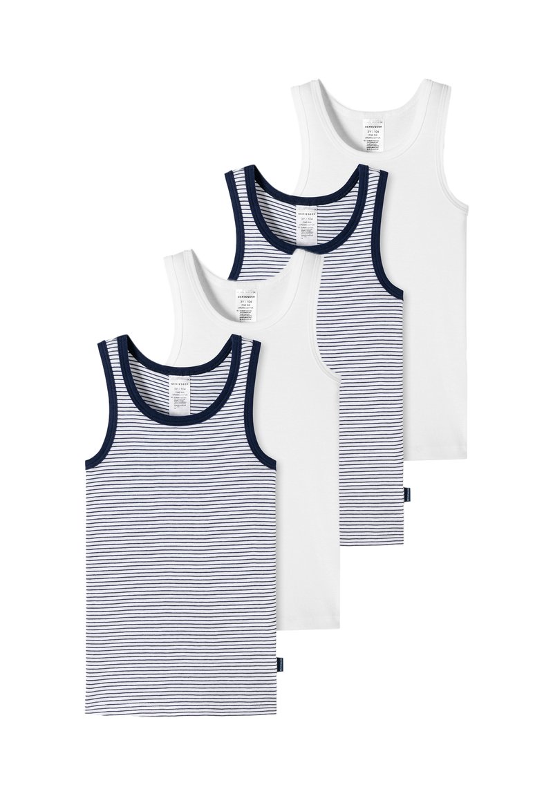 Quattro canottiere disposte verticalmente: due bianche e due a righe blu navy. Tessuto di cotone, colletto tondo e bordo blu navy a contrasto lungo i bordi.
