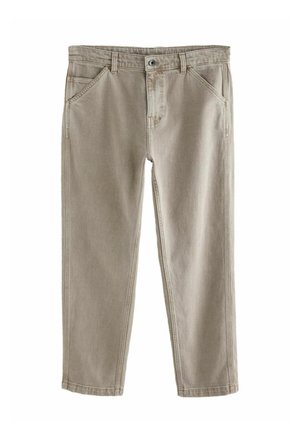 Beżowe bawełniane spodnie o prostym kroju. Posiadają zapięcie na guzik, pięć kieszeni oraz subtelne akcenty przeszycia.