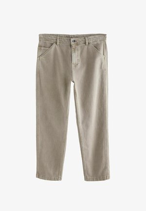 Beige bomuldsbukser med lige ben design. Har en knaplukning, fem lommer og subtile syninger.