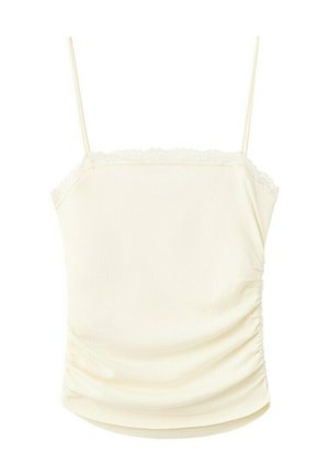 Kremowy, bezrękawnik na cienkich ramiączkach, z koronkową lamówką wzdłuż dekoltu i marszczonym detalem z jednej strony.