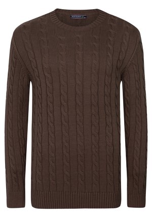 Brauner Strickpullover mit Zopfmuster, Rundhalsausschnitt, langen Ärmeln sowie gerippten Bündchen und Saum, mit gebrandetem Felix Hardy Etikett innen im Kragen.