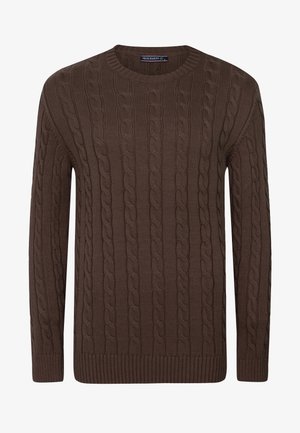Pull marron à col rond en maille torsadée, manches longues avec poignets et ourlet côtelés, étiquette de marque Felix Hardy à l’intérieur du col.
