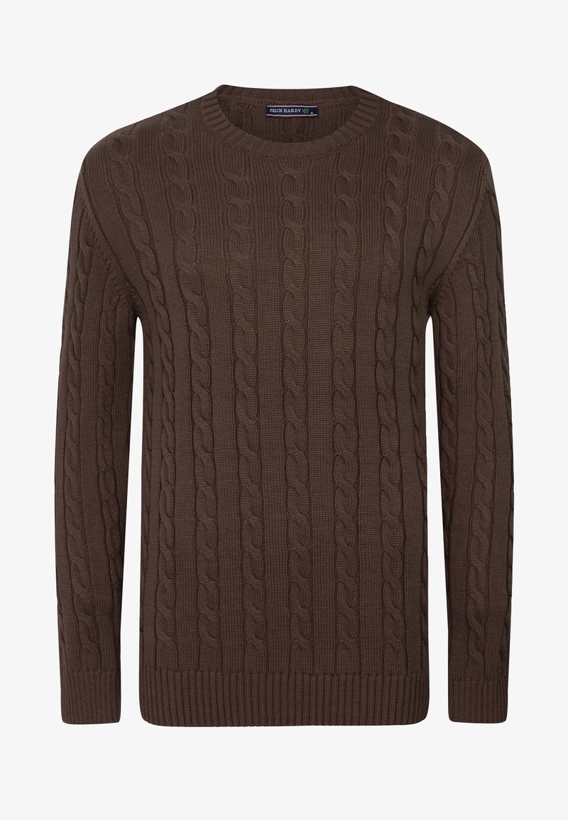 Pull marron à col rond en maille torsadée, manches longues avec poignets et ourlet côtelés, étiquette de marque Felix Hardy à l’intérieur du col.