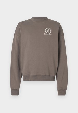 Brown sweatshirt made of cotton, featuring a round neckline, long sleeves, and a small embroidered logo on the chest.