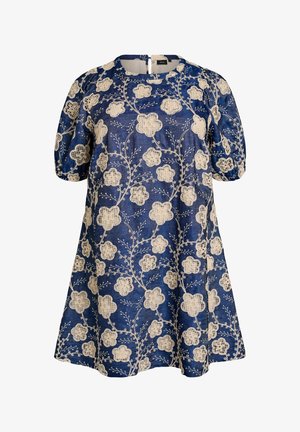 Blue dress with puff sleeves featuring large white floral lace patterns and embroidered vine details.