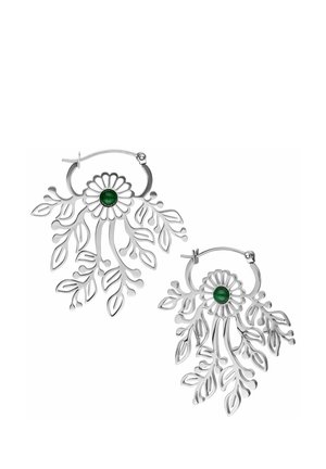 Silver hoop earrings with floral and leaf cutout designs, each featuring a central green gemstone.
