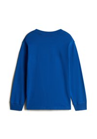 Langarm T-shirt van helderblauw katoen. Heeft een geribbelde ronde hals en een rechte zoom, met een eenvoudig ontwerp en geen verdere details.