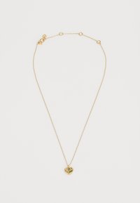 Gold-tone necklace with a thin chain and a heart-shaped pendant featuring multicolored stones, including blue, green, and clear accents.