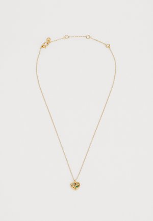 Gold-tone necklace with a thin chain and a heart-shaped pendant featuring multicolored stones, including blue, green, and clear accents.
