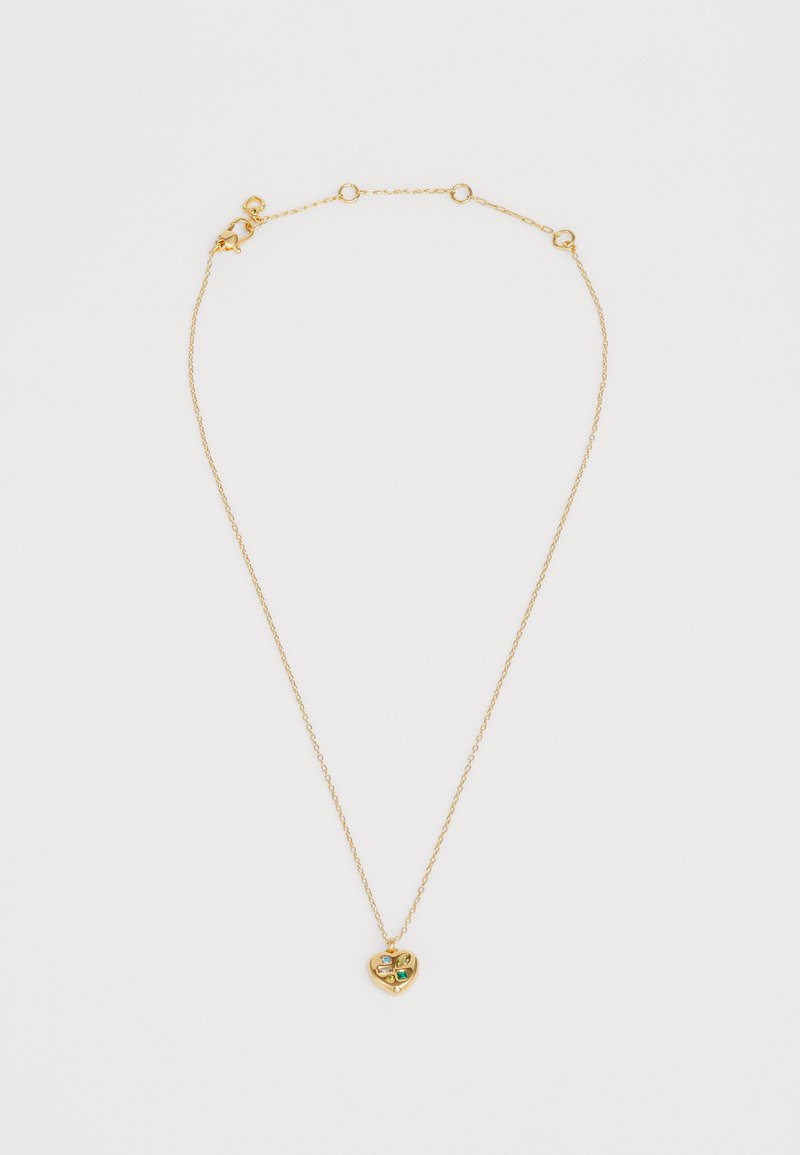 Gold-tone necklace with a thin chain and a heart-shaped pendant featuring multicolored stones, including blue, green, and clear accents.