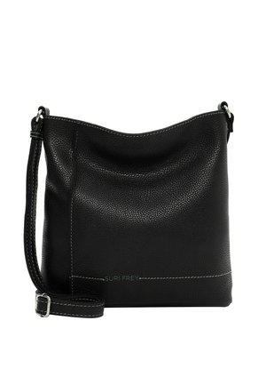 Black textured leather shoulder bag with adjustable strap and white stitching, brand name "SURI FREY" subtly embossed near bottom.