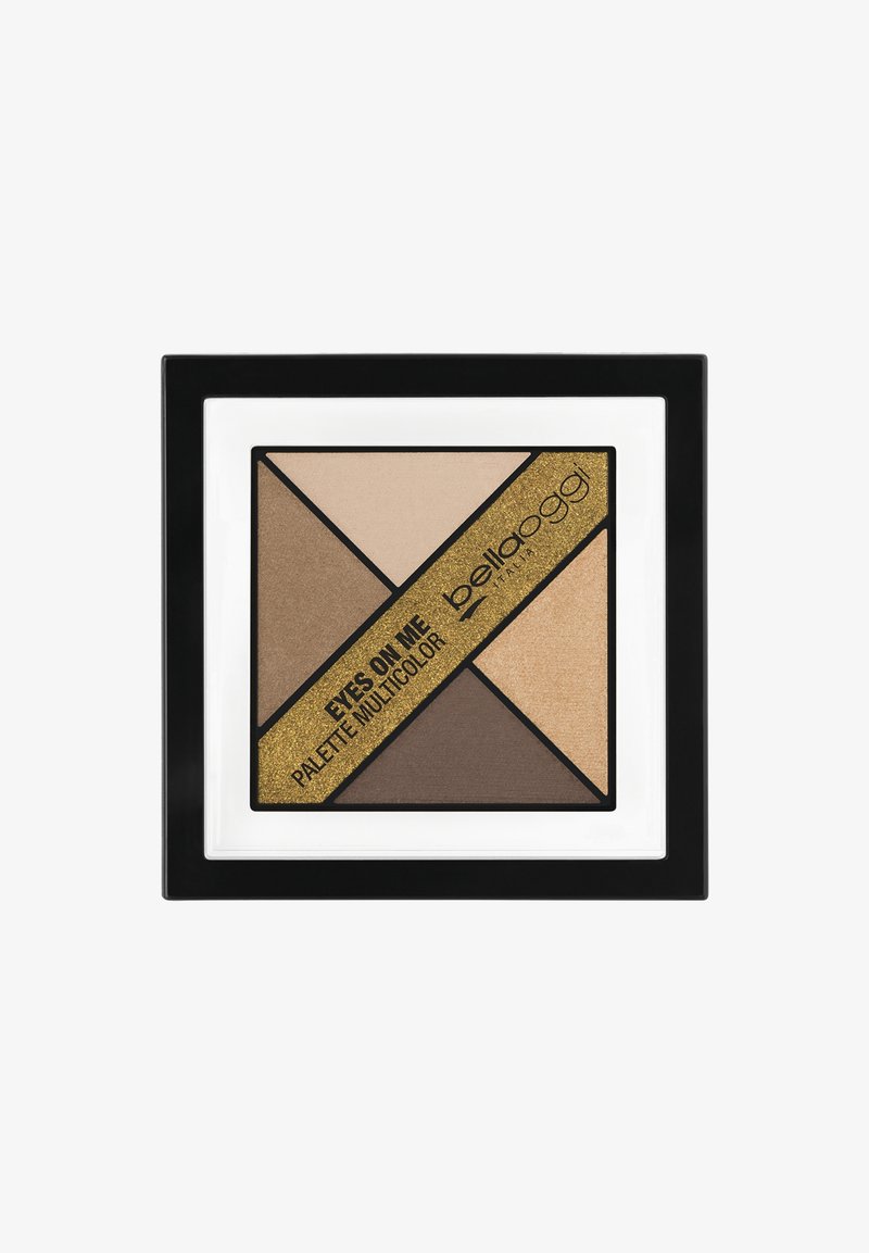 Palette di ombretti compatta con cinque tonalità neutre nei toni del beige, marrone e oro, etichettata "Eyes on Me Palette Multicolor."